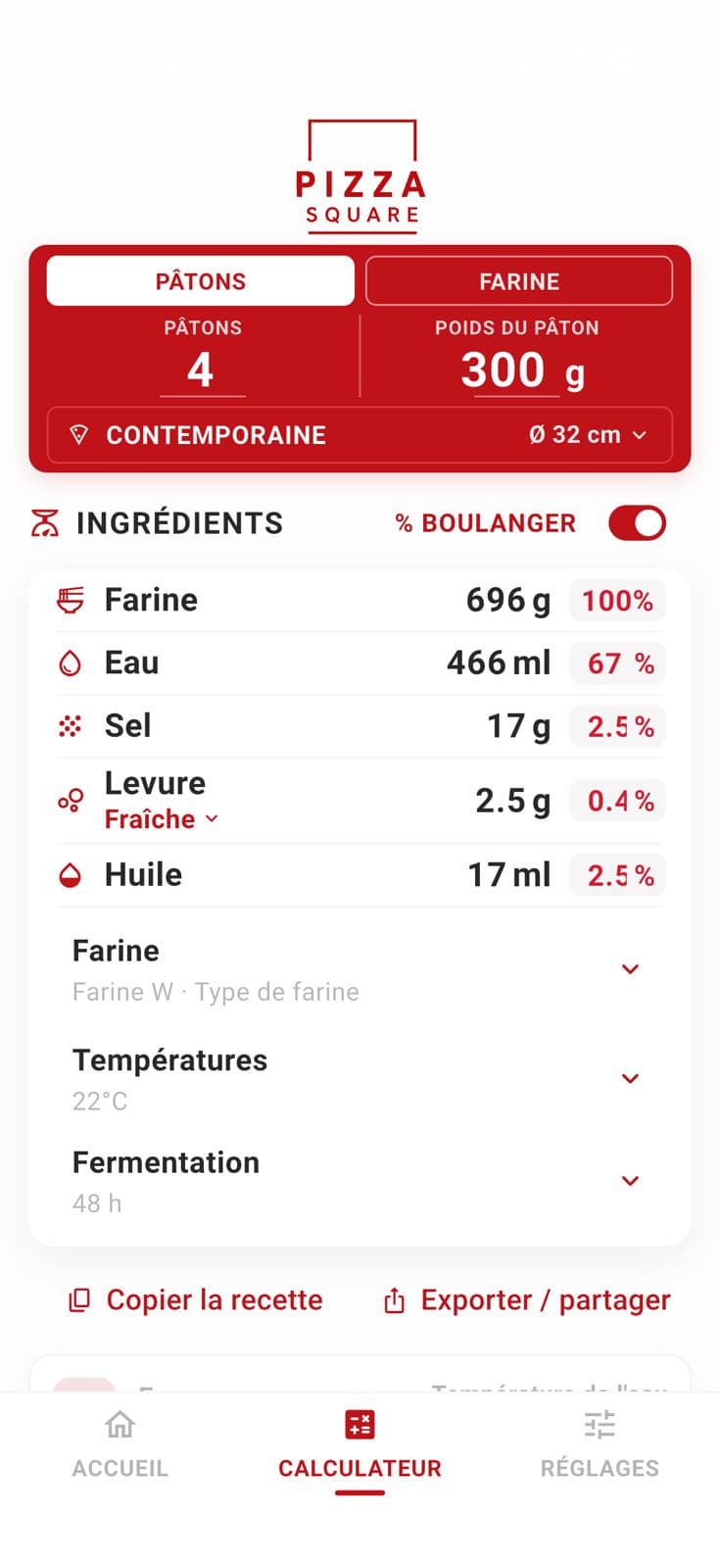Aperçu de l’application Pizza Square Calculator
